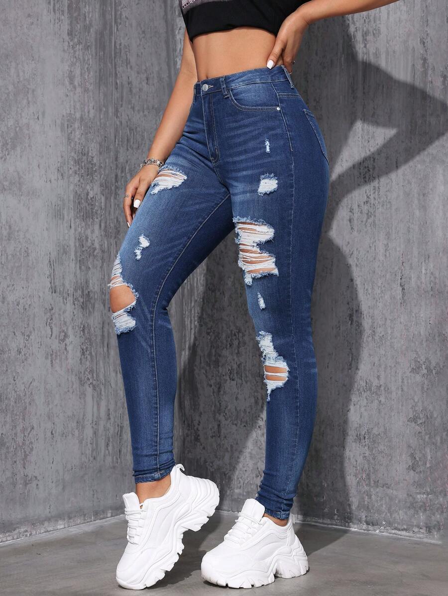 SHEIN EZwear Women's Slim Fit Ripped Jeans - Medium Wash - View 1
