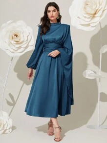 Modelyn 女士长款灯笼袖垫肩腰褶皱阿拉伯朴素连衣裙长款晚礼服 - 水鴨藍 - 查看 5