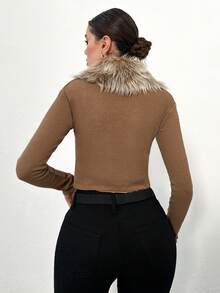 RueChic Patchwork Fur Collar Cropped Jacket - Camel - View 2