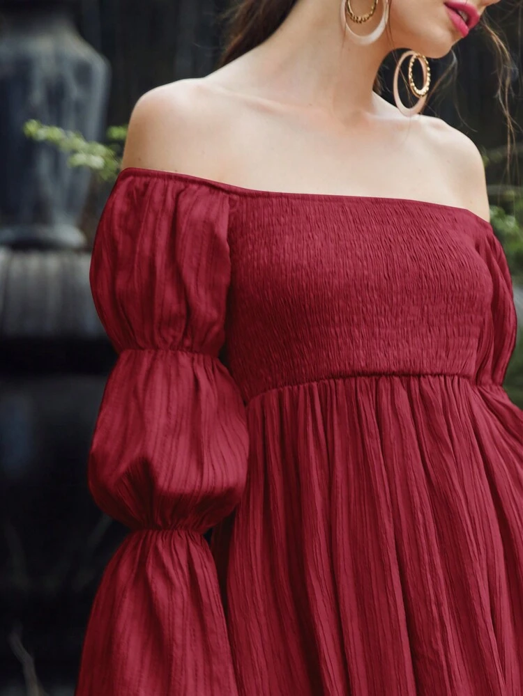 Burgundy Red Women's Off Shoulder Dress With Lotus Leaf Sleeves