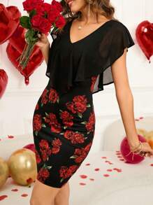 EMERY ROSE 情人節女士花印荷葉邊修身連衣裙，適用於春季 - 黑色 - 查看 5