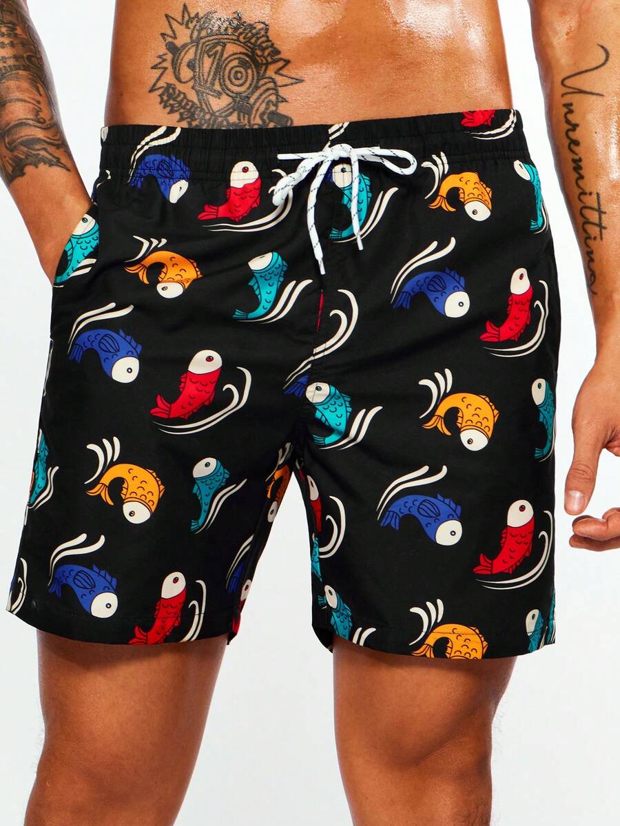 Manfinity Bermudas De Playa De Cordón Para Hombre Con Estampado De Pez Carpa - Negro - Ver 1