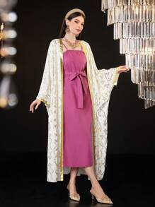 Al Najma Women's Belted Cami Dress And Long Sleeve Coat Set 2 Pieces Set - Multicolor - View 7