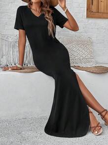 Breezaya Women'S Solid V-Neck Short-Sleeved Split Dress Maxi Vacation Beach Outfit - Black - View 5