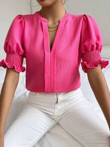 SHEIN Privé Women's Notched V Neck Shirred Roll Up Sleeve Blouse - Hot Pink - View 5