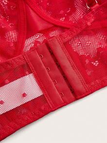 Plus Size Wireless Lace Splicing Polka Dot Mesh Bralette Lingerie - Red - View 4