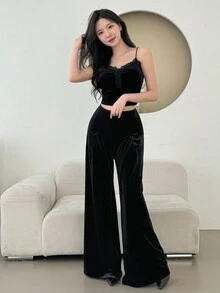 DAZY 女款拼接蕾絲背心褲寬褲套裝 - 黑色 - 查看 8