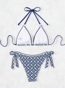 SHEIN Swim Conjunto de bikini con estampado total para playa de verano