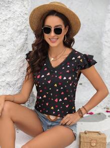 SHEIN Frenchy Của phụ nữ Ren Cắt tỉa Cổ chữ V In Trái tim Áo sơ mi - màu đen - Xem 1