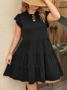 SHEIN LUNE Plus Size Women's Short Flutter Sleeve Tie-Neck Dress - Black - View 5