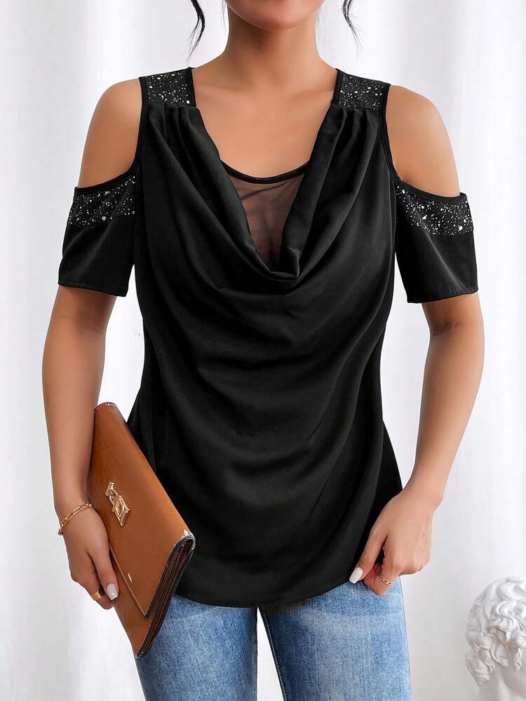 Women's Off Shoulder Short Sleeve Blouse With Drape Neckline