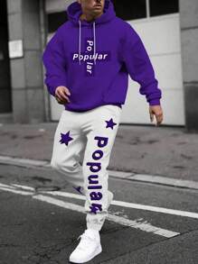 Manfinity Homme Men's Loose Fit Hoodie And Sweatpants Set With Letter Print And Drawstring - Purple - View 1