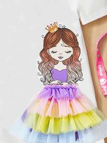 SHEIN 幼兒女童寬鬆休閒圓領連身裙,女孩設計 - 白色 - 查看 3