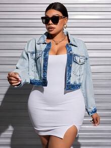 SHEIN SXY Của phụ nữ Kích thước lớn Tương phản Màu sắc Nút phía trước Áo khoác denim Với Túi - Rửa nhẹ - Xem 5