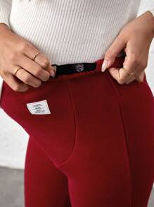 SHEIN Solid-Colored Maternity Leggings With Patch Detail And Adjustable Waist - Burgundy - View 3