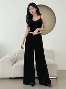 DAZY 女款拼接蕾絲背心褲寬褲套裝 - 黑色 - 查看 1