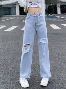 Teen Girls' Vintage Street Ripped Wide Leg Jeans, Basic And Relaxed Fitting - Light Wash - View 4