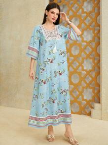 Al Najma 女式几何花卉印花流苏连衣裙，阿拉伯风格，端庄大方 - 藍色 - 查看 7