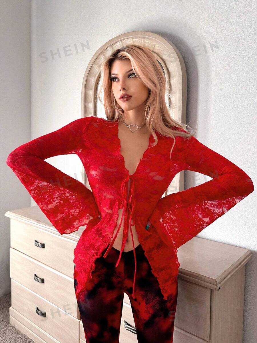 shein-icon-ladies-red-lace-bell-sleeve-tie-front-date-night-top
