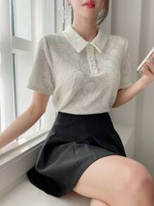 Dazy Designer Solid Color Textured Polo Collar T-Shirt,Business Casual Women