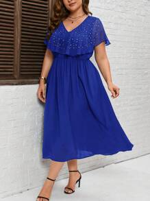 SHEIN Clasi Plus Size Waist-Fitting Rhinestone Decorated Dress - Royal Blue - View 2