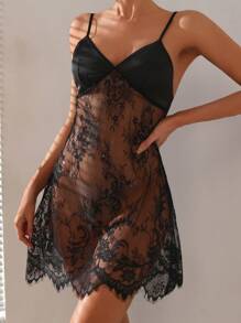 女士蕾丝拼布吊带性感睡衣睡裙 - 黑色 - 查看 5
