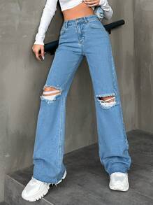 Women'S Distressed Straight Leg Jeans - Medium Wash - View 4