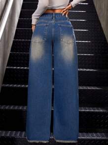 SHEIN ICON Của phụ nữ Màu thuần quần ống rộng Quần jean - Màu xanh lam - Xem 2