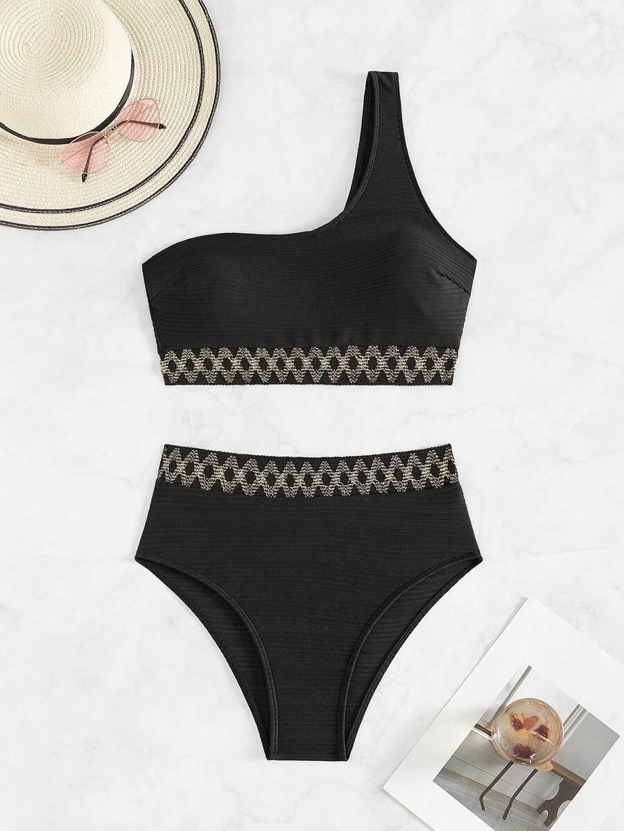 SHEIN Swim Women's One-Shoulder Sleeveless Geometric Pattern Bikini Set, Set Summer Beach - Black - View 1