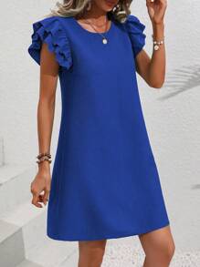 Breezaya Round Neck Double Layer Ruffle Sleeve Dress Vacation Beach Outfits Women - Blue - View 3