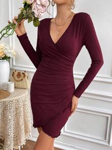 SHEIN Frenchy 情人節洋裝女式純色裹身百褶連身裙 - 鏽棕色 - 查看 3