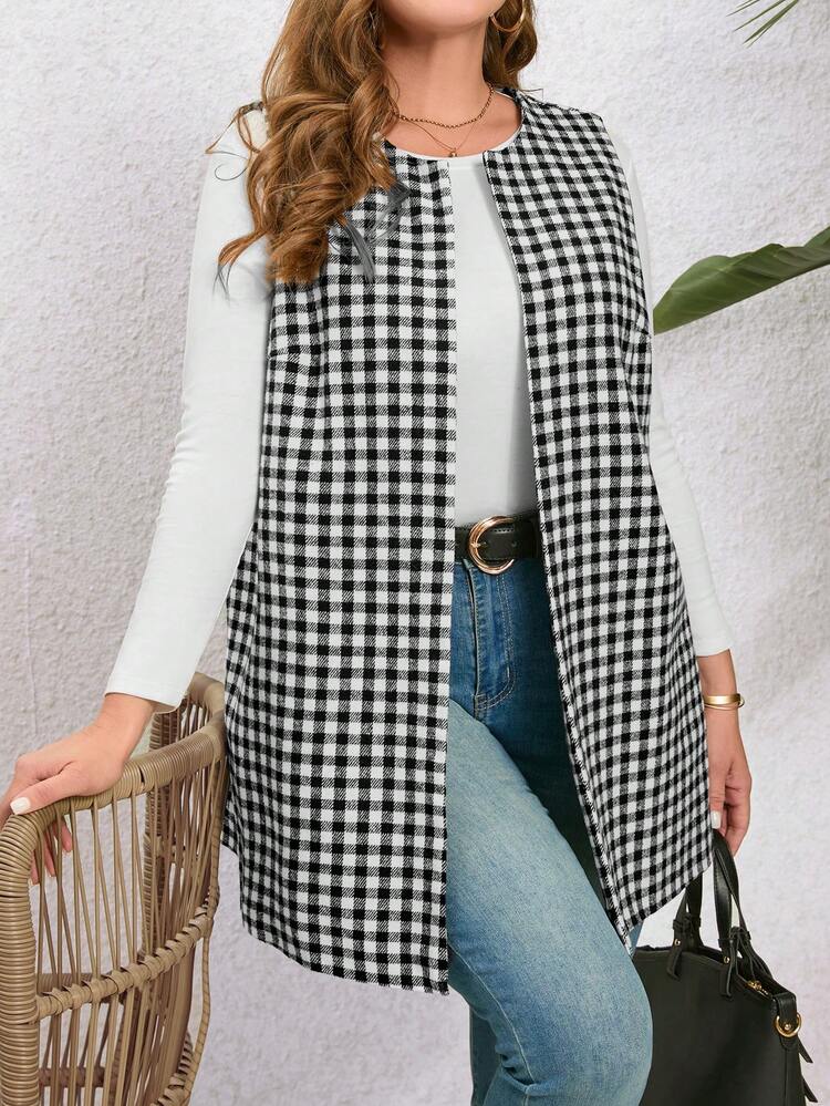 Women'S Plus Size Plaid Open Front Vest Coat