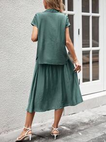 EMERY ROSE Summer Two Piece Outfits Solid Color Shirt & A-Line Skirt Commuting Suit Summer