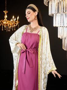 Al Najma Women's Belted Cami Dress And Long Sleeve Coat Set 2 Pieces Set - Multicolor - View 5