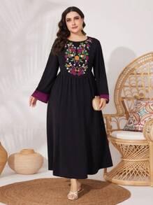 Al Najma Women's Plus Size Floral Embroidery Flared Sleeve Arabian Clothing