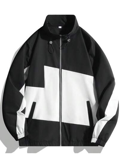 Chillumni Men Colorblock Drawstring Zipper Placket Long Sleeve Outdoor Windbreaker Jacket, Basic, Going Out, Boyfriend Gift, Fall