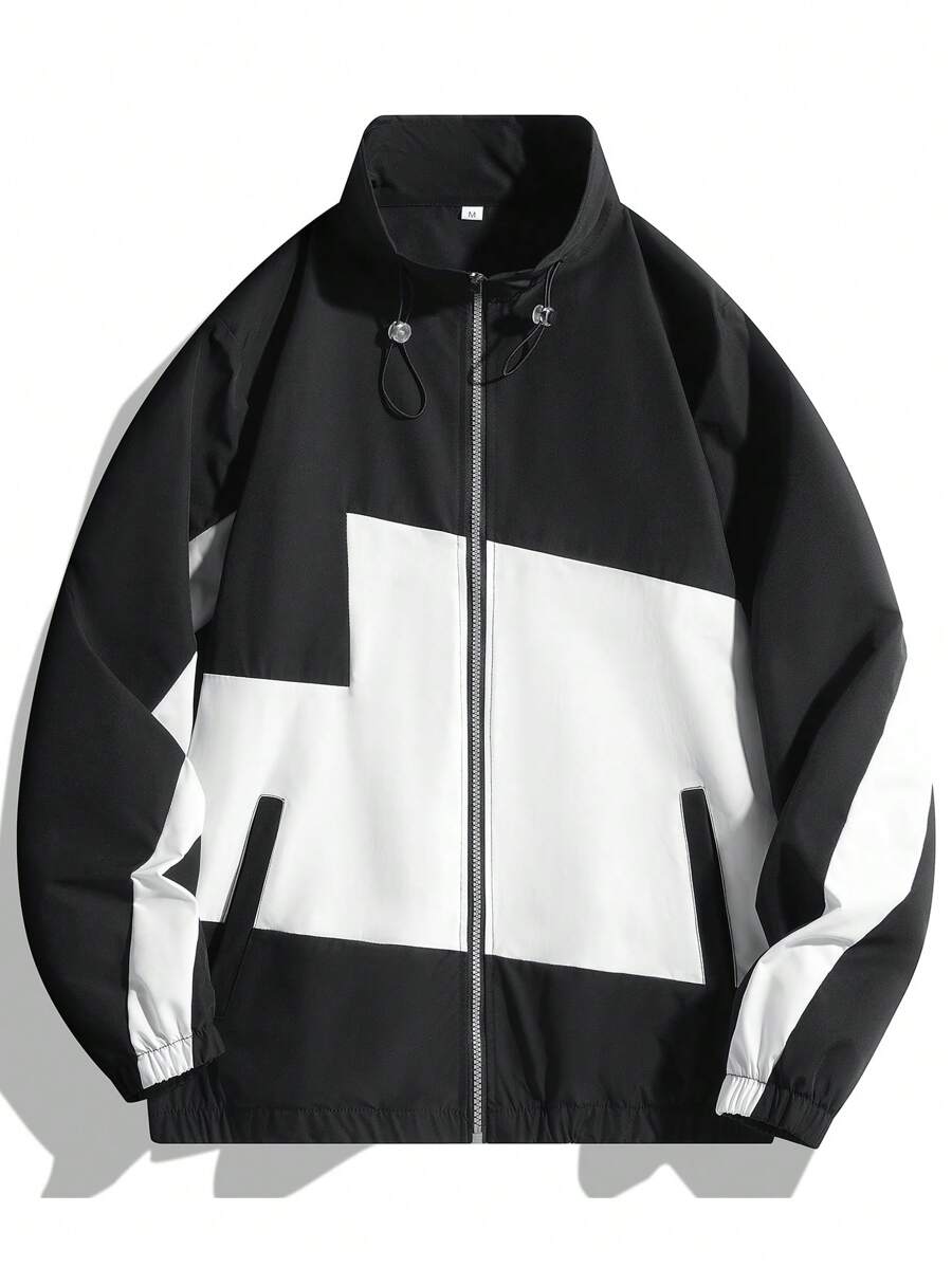 Manfinity Hypemode Áo khoác gió ngoài trời dài tay màu khối cho nam, dây rút khóa kéo, kiểu dáng cơ bản, đi chơi, quà tặng bạn trai, mùa thu - màu đen - Xem 1