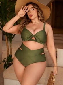 SHEIN Swim Summer Beach Women's Plus Size Plain Front Tie Hollow Out Bikini Set - Army Green - View 3