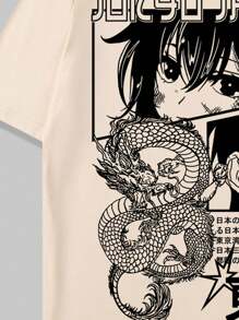 ROMWE MEN Anime 2pcs/Set Men's Casual Dragon & Japanese Character Print Short Sleeve T-Shirt With Colorblock Shorts, Suitable For Daily Wear In Spring And Summer, School - Khaki - View 6