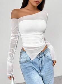 Flirla Camiseta Informal Con Escote Asimétrico Y Empalme De Malla Para Mujer - Blanco - Ver 6