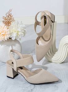 Women's Pointy Toe Chunky Heel Knit Fabric Close-Toe Slip-On Mule Sandals, Beige, Versatile & Simple - Apricot - View 1