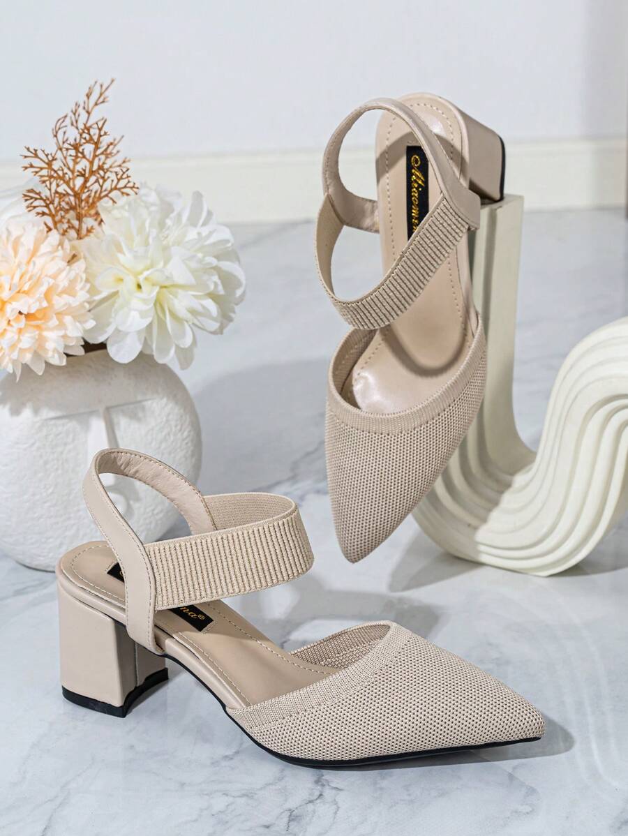 Women's Pointy Toe Chunky Heel Knit Fabric Close-Toe Slip-On Mule Sandals, Beige, Versatile & Simple - Apricot - View 1