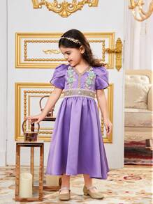 SHEIN Lässiges V-Ausschnitt-Kleid mit Blumenmuster für Kleine Mädchen - Violett - Übersicht 4