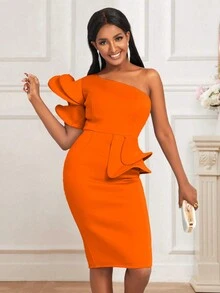 單肩誇張荷葉邊後背開衩緊身連衣裙 - 橘色 - 查看 6