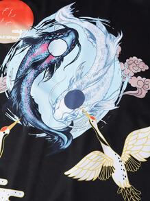 Manfinity Hypemode Men'S Crane & Fish Print Kimono Shirt - Black - View 3