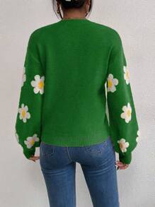 SHEIN Essnce Floral Pattern Drop Shoulder Knit Pullover Fall Winter Sweater - Green - View 2