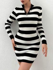 Women's Striped Long Sleeve Zip-Up Half Placket Fitted Casual Knit Dress - Black and White - View 4