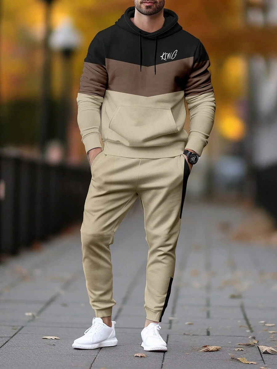 SHEIN Manfinity LEGND Conjunto De Sudadera Con Capucha Y Pantalones Con Cordón En Tamaño Grande, Para Hombre, Con Impresión De Letras Y Colores Contrastantes - Multicolor - Ver 1