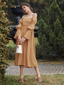 Modelyn Vestido De Mujer Con Hombros Descubiertos Y Mangas De Hojas De Loto - Caqui - Ver 3