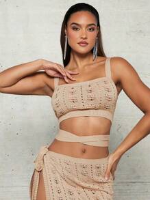 SHEIN BAE Cover Ups Apricot Crochet Texture Hollow Cross Strap Large Backless Tight Elastic Perspective Spring And Summer Holiday Festival Clothes Top